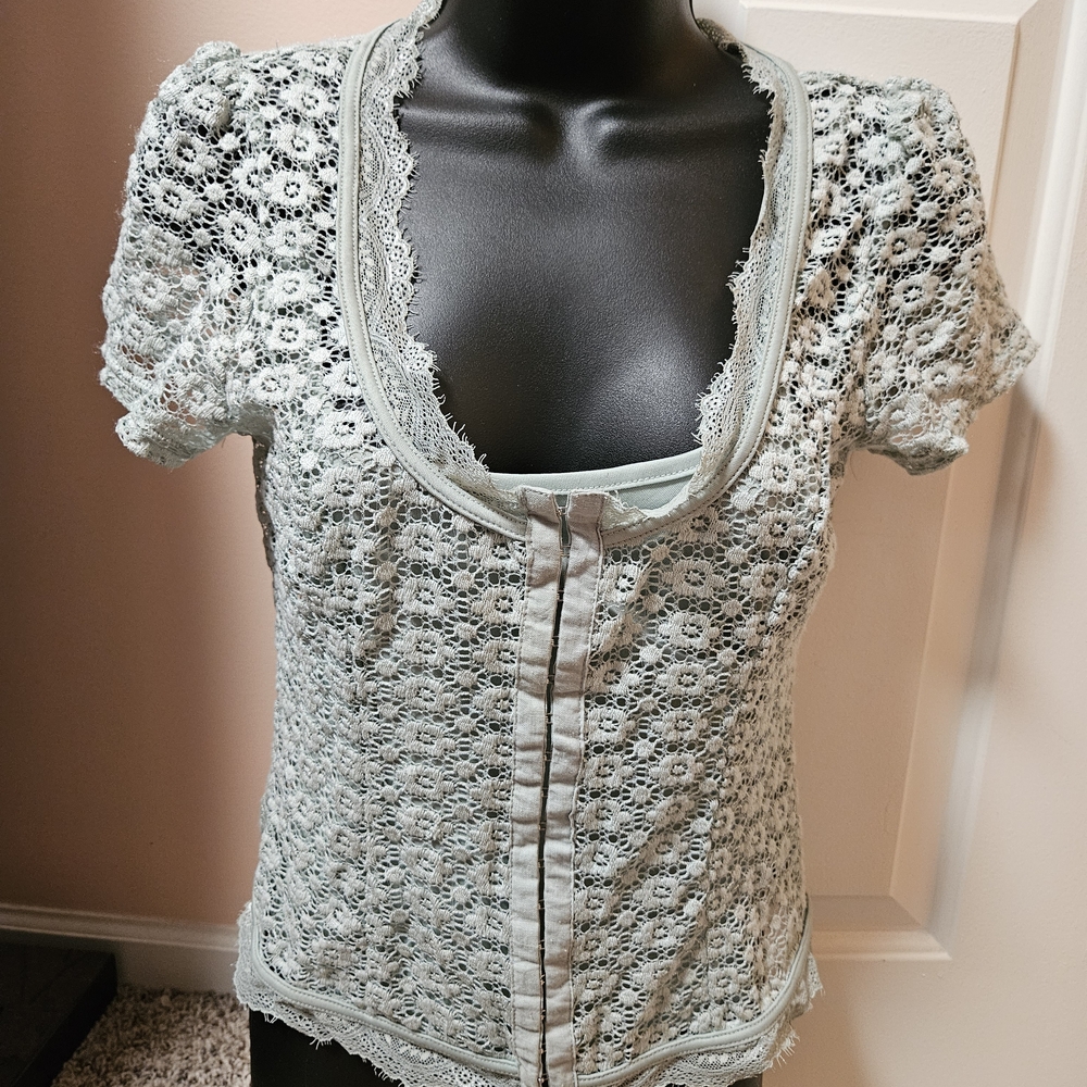 Elegant Floral Lace Overlay  Blouse in Mint Green